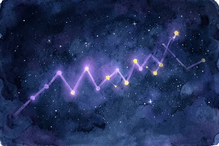 Gráfico de linhas sobreposto a um céu estrelado, simbolizando a dificuldade de interpretação.