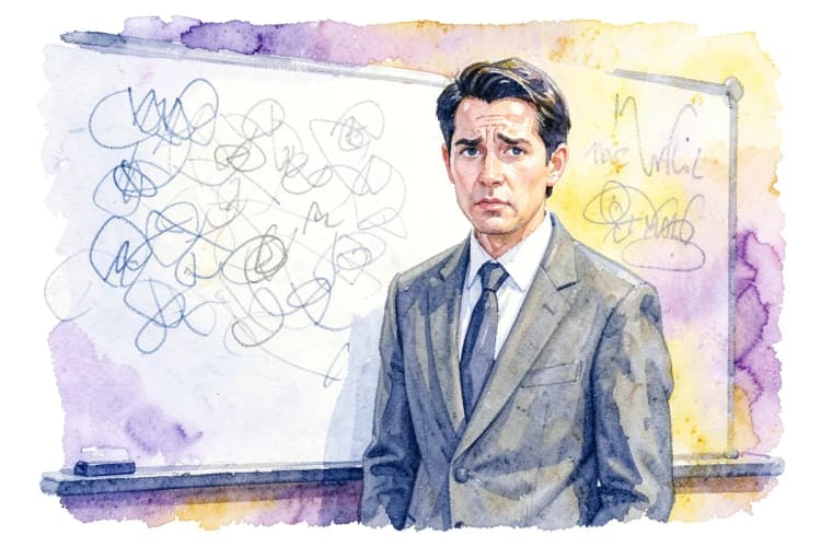 Homem em frente a um quadro branco com rabiscos, parecendo confuso.
