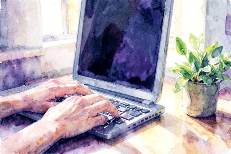 Pessoa sentada em frente a um computador, com uma planta crescendo ao lado, simbolizando desenvolvimento.