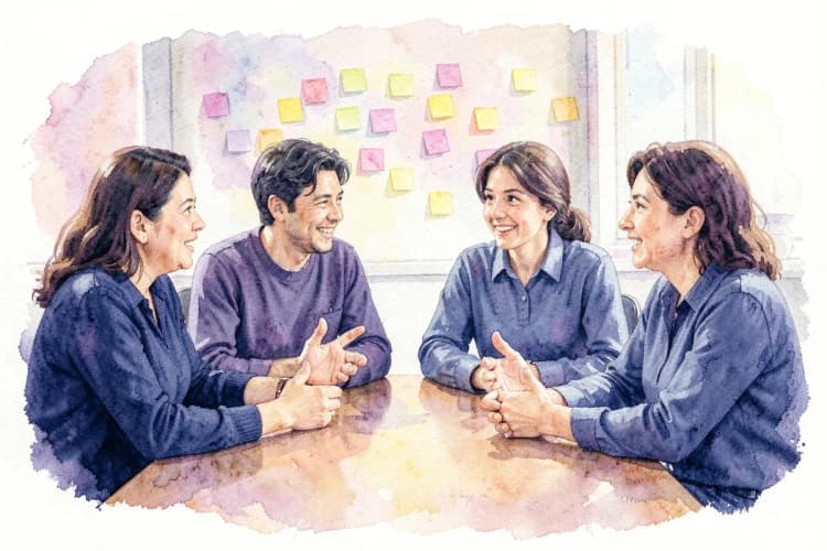 Grupo de pessoas diversas em uma reunião de brainstorming, com post-its coloridos na parede.