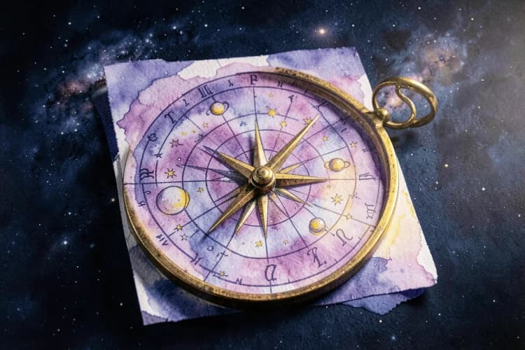 Um close-up de um mapa astral astrológico com planetas e signos, com uma bússola sobreposta, em tons de dourado e azul.