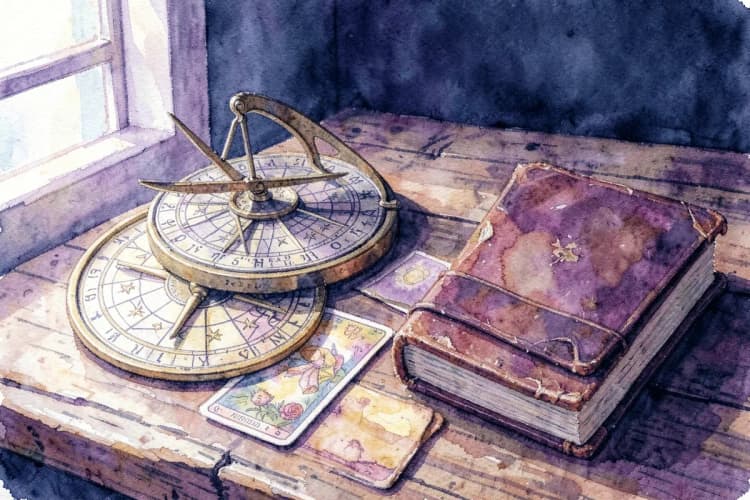 Uma variedade de ferramentas de astrologia, incluindo um astrolábio, um oráculo de cartas e um livro antigo, dispostas sobre uma mesa de madeira.