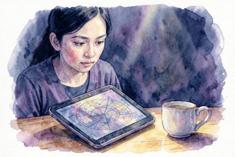 Uma pessoa pensativa olhando para um mapa astral complexo em um tablet, com uma xícara de chá ao lado.