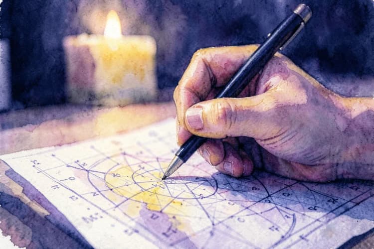 Uma mão traçando linhas em um mapa astral com uma caneta, com um conjunto de cristais e um incensário ao fundo.