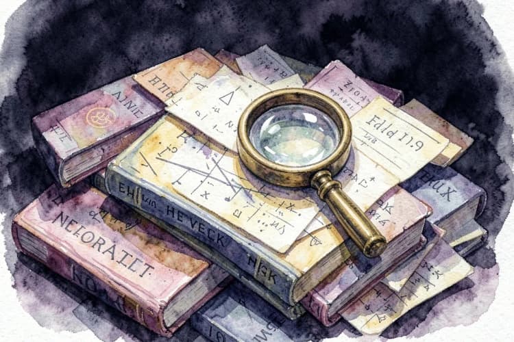 Uma pilha de livros de astrologia com alguns papéis espalhados e uma lupa, sugerindo confusão ou erro.