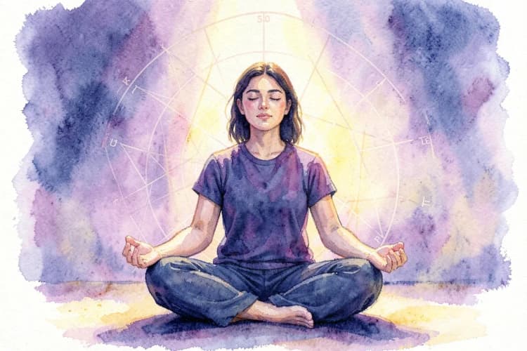 Uma pessoa meditando com os olhos fechados, com um mapa astral sutilmente projetado em um fundo desfocado.