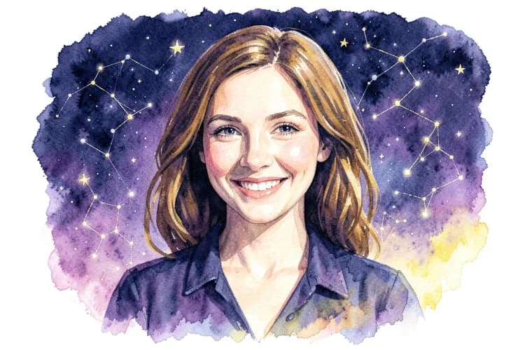 Um retrato de Clarissa Cavalcanti Astróloga sorrindo, com um fundo de estrelas e constelações.