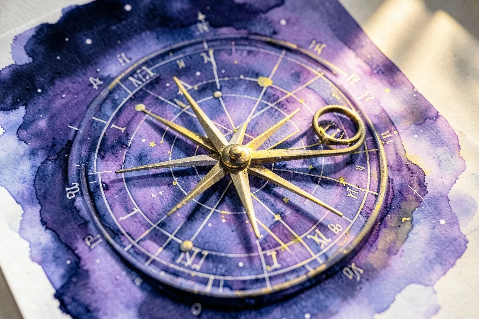 Um close-up de um mapa astral astrológico com planetas e signos, com uma bússola sobreposta, em tons de dourado e azul.
