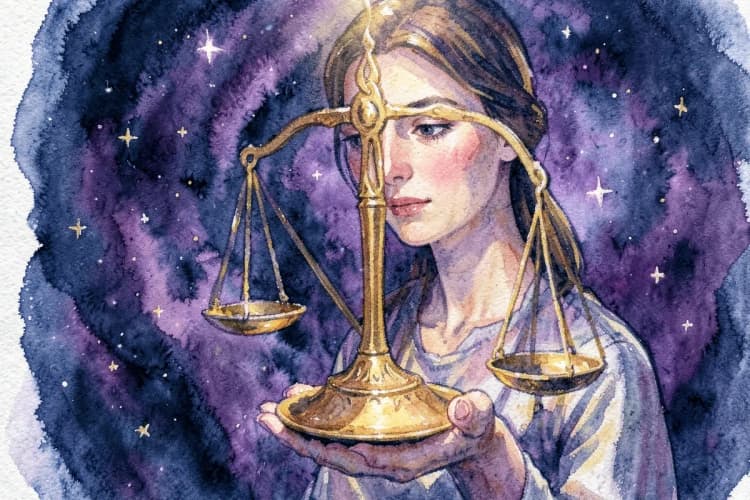 Mulher com balança em fundo cósmico, representando Libra.
