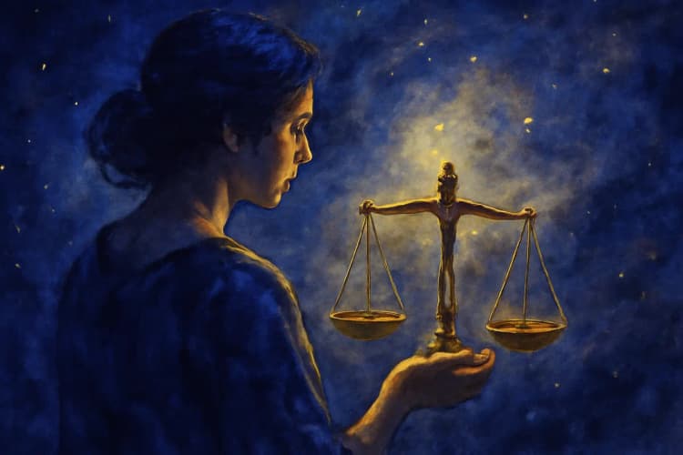 Mulher com balança em fundo cósmico, representando Libra.
