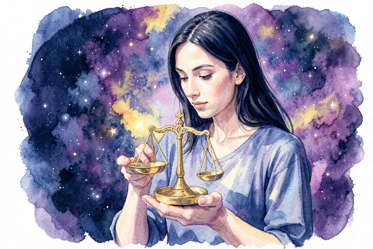 Mulher com balança em fundo cósmico, representando Libra.