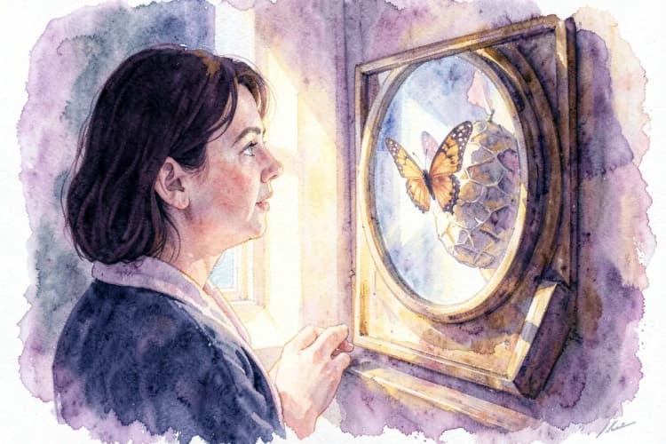 Uma pessoa olhando para um espelho com reflexo de uma borboleta
