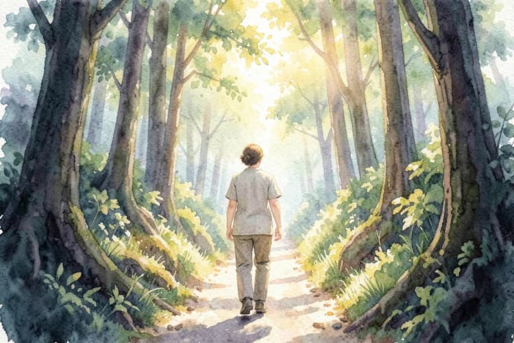 Uma pessoa caminhando em uma trilha em uma floresta iluminada pelo sol