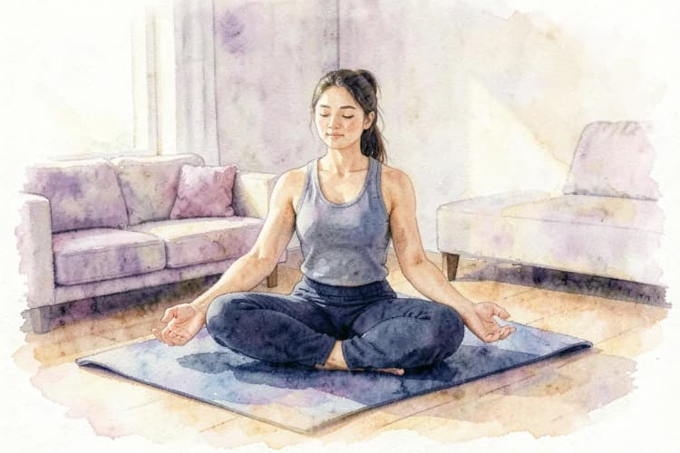 Uma pessoa praticando yoga em um tapete em casa