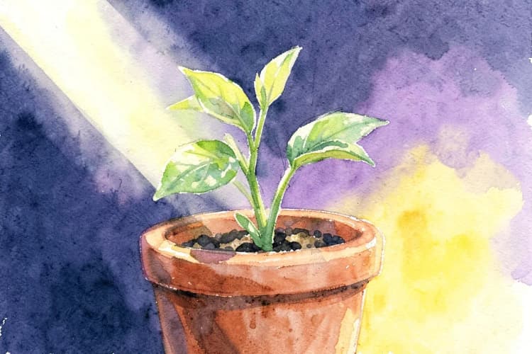 Uma planta crescendo em um vaso com luz do sol incidindo sobre ela