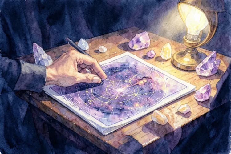 Uma astróloga olhando para um mapa astral em uma mesa com cristais