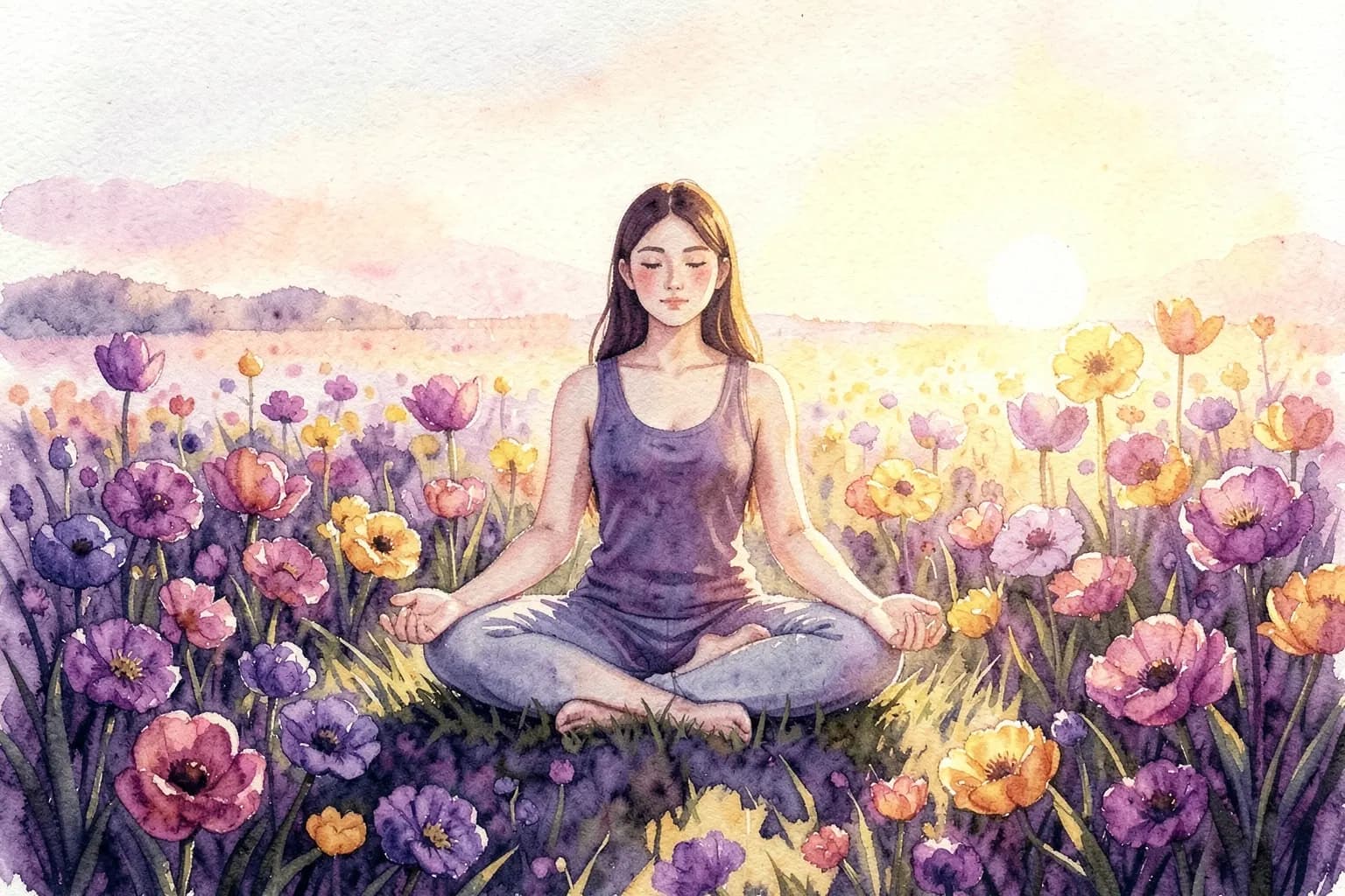 Uma mulher sentada em posição de lótus em um campo de flores ao pôr do sol