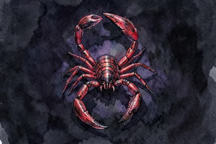 Um escorpião estilizado em tons de vermelho e preto, com detalhes em metal escuro, sobre um fundo escuro.