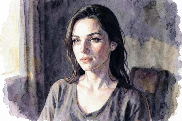 Uma mulher com expressão enigmática e confiante, em um ambiente com iluminação suave e sombras.