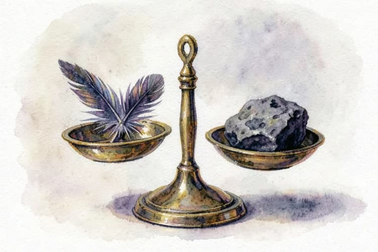 Uma balança com um lado pesado com uma pena e o outro com uma pedra escura, simbolizando qualidades e defeitos.