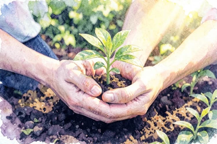 Uma pessoa segurando uma pequena planta crescendo em solo fértil, em um ambiente externo com luz natural.