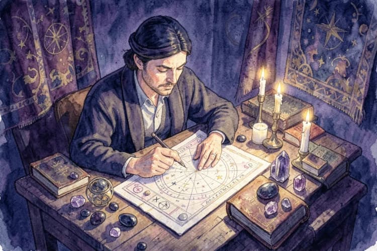 Uma astróloga consultando um mapa astral em uma mesa com cristais e velas, em um ambiente místico.