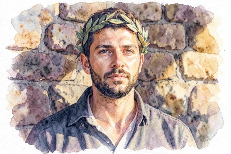 Um homem com uma coroa de louros, emanando confiança e liderança, em um plano médio contra um fundo de pedra rústica