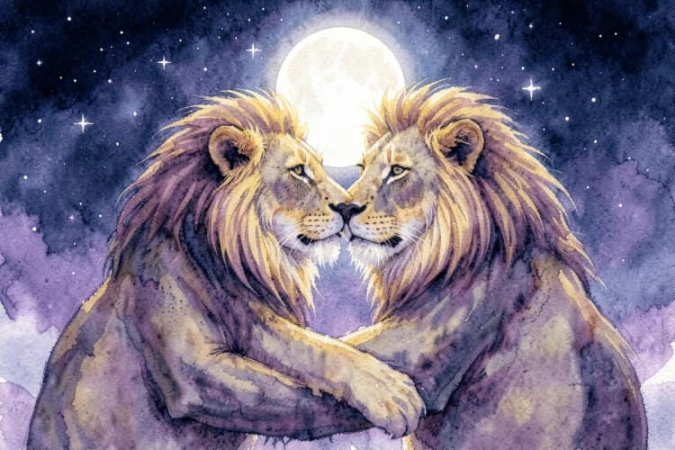 Um casal de leão se abraçando apaixonadamente sob um céu estrelado, com a lua cheia iluminando a cena