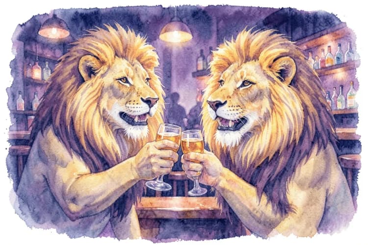 Dois amigos leoninos comemorando uma vitória com um brinde, em um bar com iluminação ambiente agradável