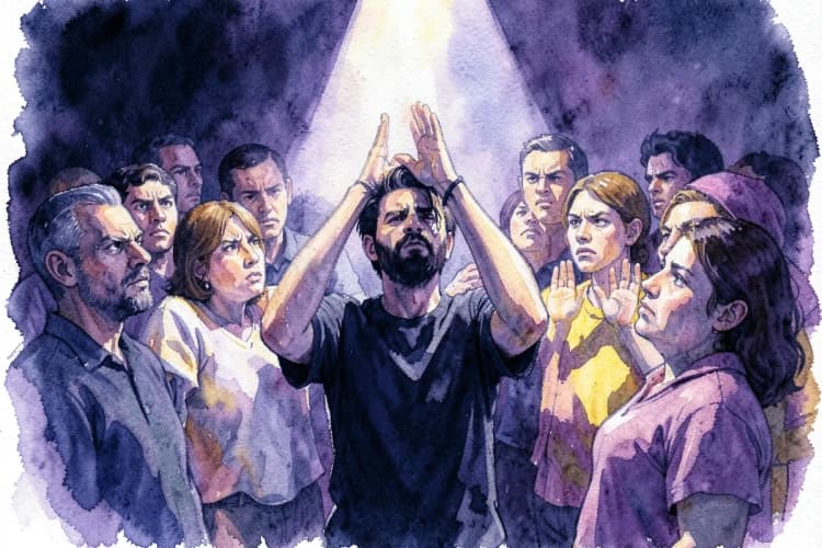 Uma pessoa com as mãos levantadas em sinal de rendição, em um círculo de pessoas com expressões de desaprovação.