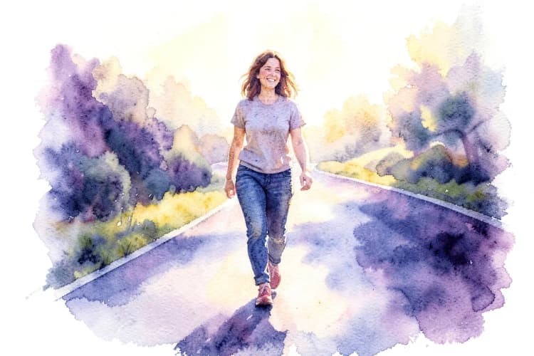 Uma pessoa caminhando com confiança em uma estrada que se bifurca, escolhendo um dos caminhos com um sorriso.