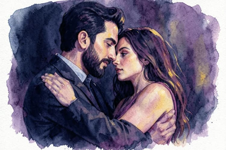 Um homem e uma mulher de escorpião se abraçando intensamente em um ambiente com pouca luz, sugerindo paixão e mistério.