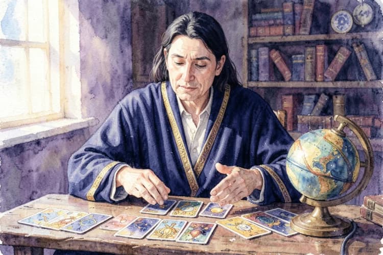 Uma astróloga sentada em uma mesa com cartas de tarô e um globo celestial, oferecendo conselhos com uma expressão serena e sábia.
