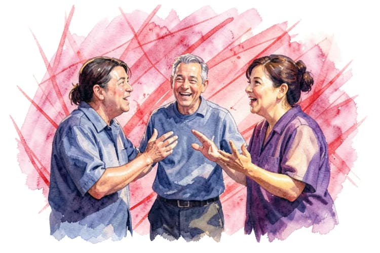 Grupo de três pessoas gesticulando animadamente em um círculo, com um fundo abstrato de linhas energéticas vermelhas.