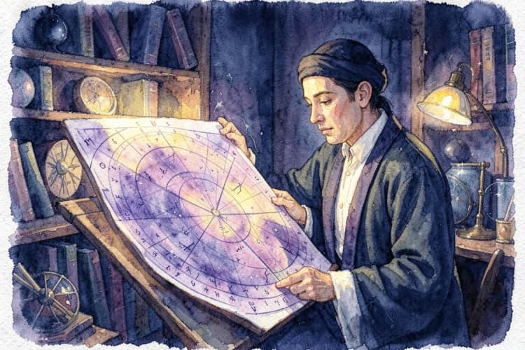 Ilustração de um astrólogo consultando uma grande tabela de signos em um ambiente de estúdio.