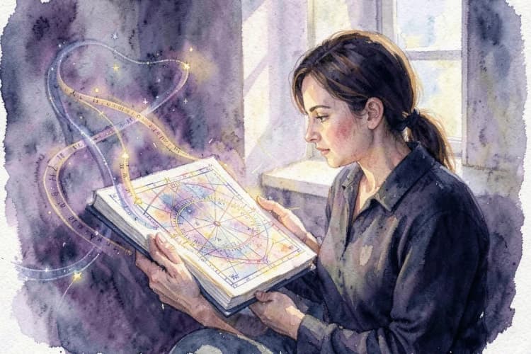 Pessoa pensativa olhando para uma tabela de signos, com opções de escolha representadas por caminhos divergentes.