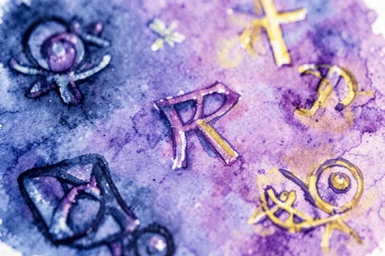 Close-up de símbolos astrológicos representando características de personalidade de cada signo.