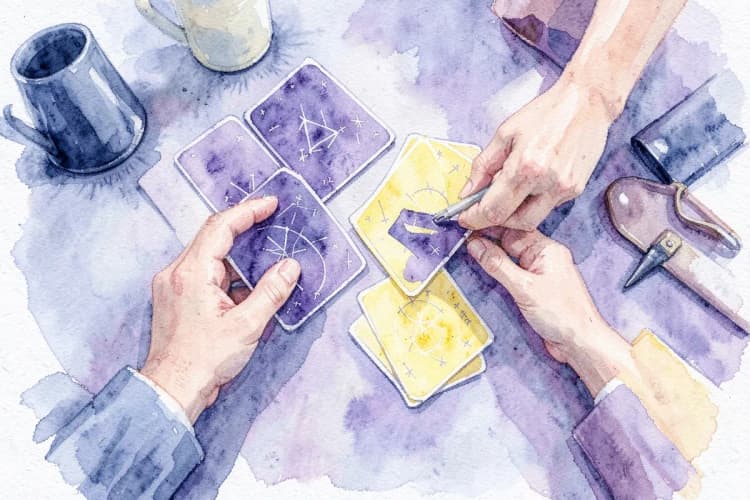Mãos de uma pessoa organizando cartas com símbolos de signos e itens do cotidiano.