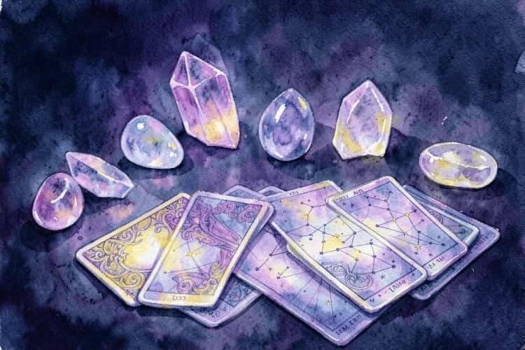 Composição de objetos relacionados à astrologia, como cristais, cartas de tarô e uma tabela de signos.