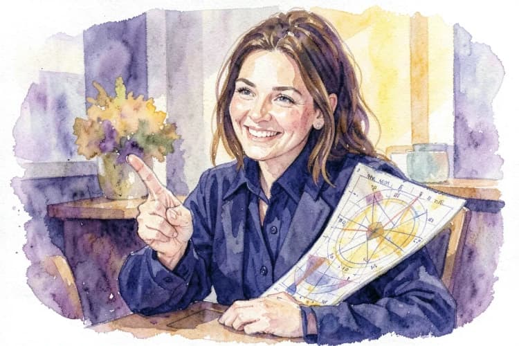 Astróloga Clarissa Cavalcanti sorrindo e apontando para uma tabela de signos em seu consultório.