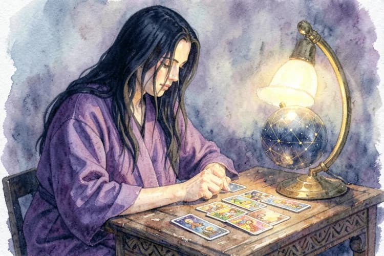 Uma astróloga sentada em uma mesa com um globo celestial e cartas de tarô.
