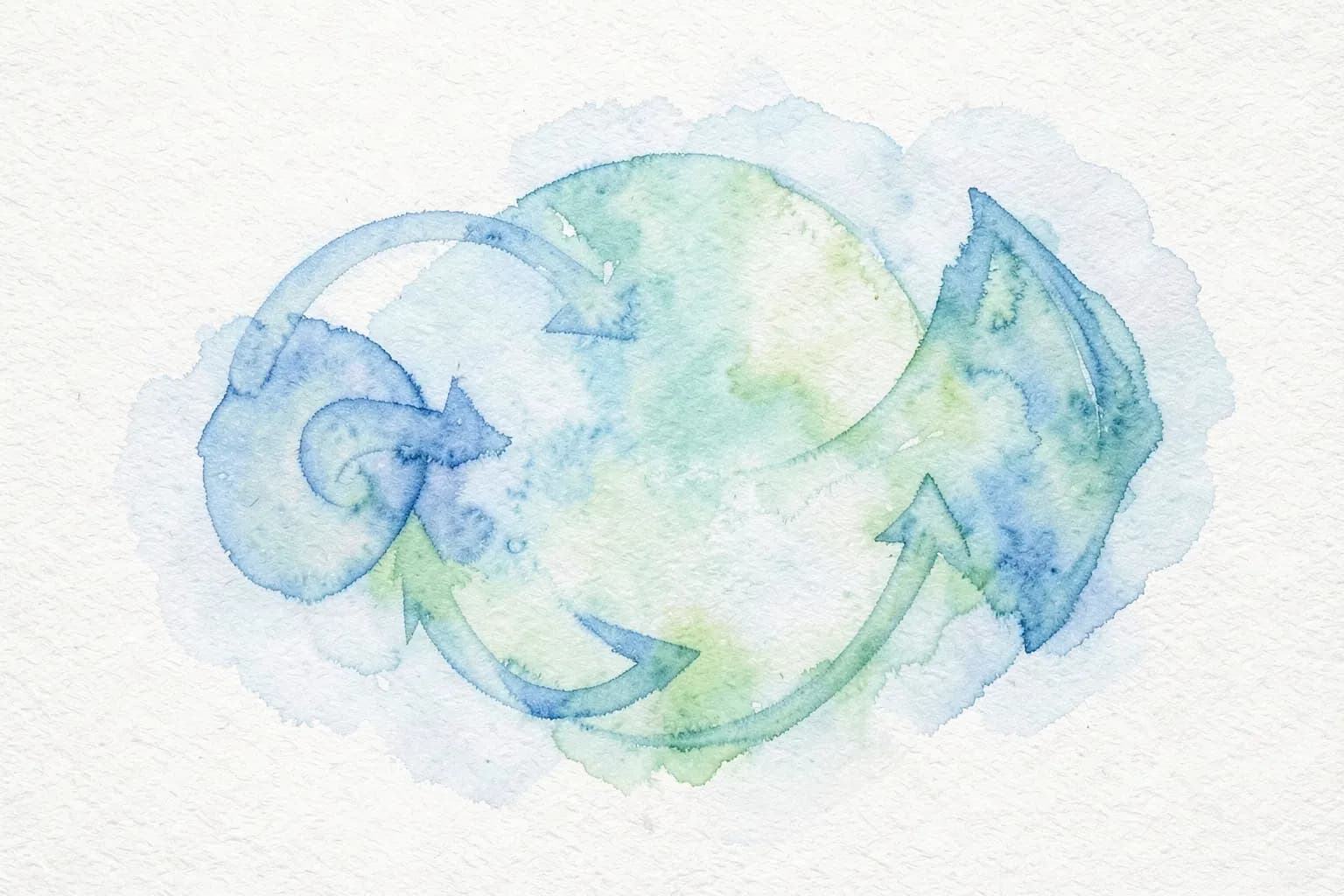 Um ciclo de vida abstrato com setas conectando diferentes fases em tons de azul e verde.