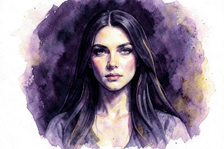Uma mulher com cabelos longos e escuros, olhando intensamente para a frente, com uma aura sombria.