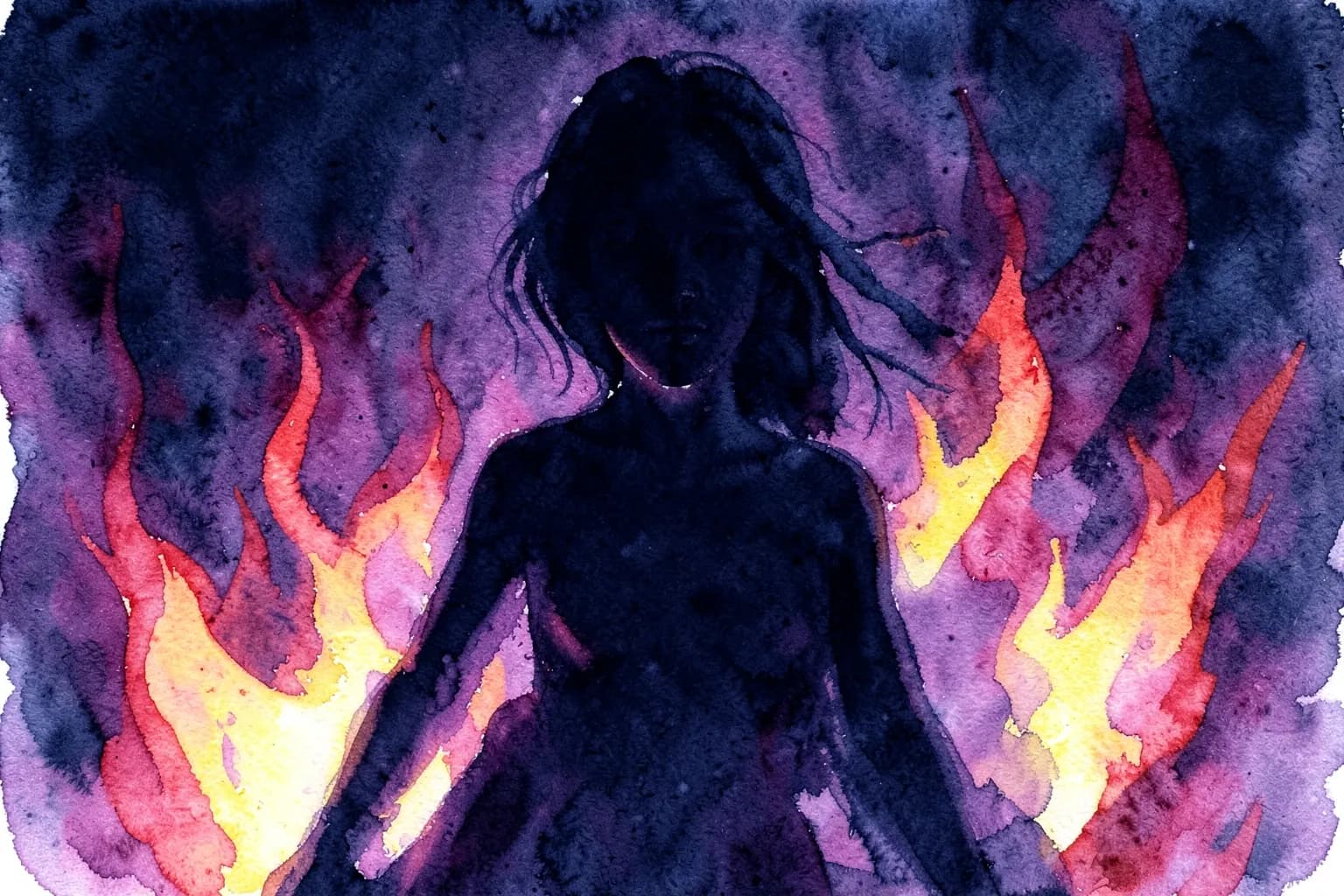 Lilith em destaque, com chamas vermelhas ao fundo e um fundo escuro e misterioso.