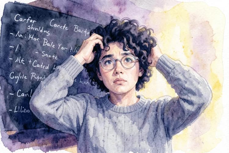 Uma pessoa confusa olhando para um quadro com várias opções de carreira escritas.