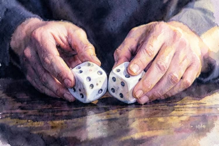 Mãos de uma pessoa jogando dados sobre uma mesa, simbolizando a sorte na carreira.