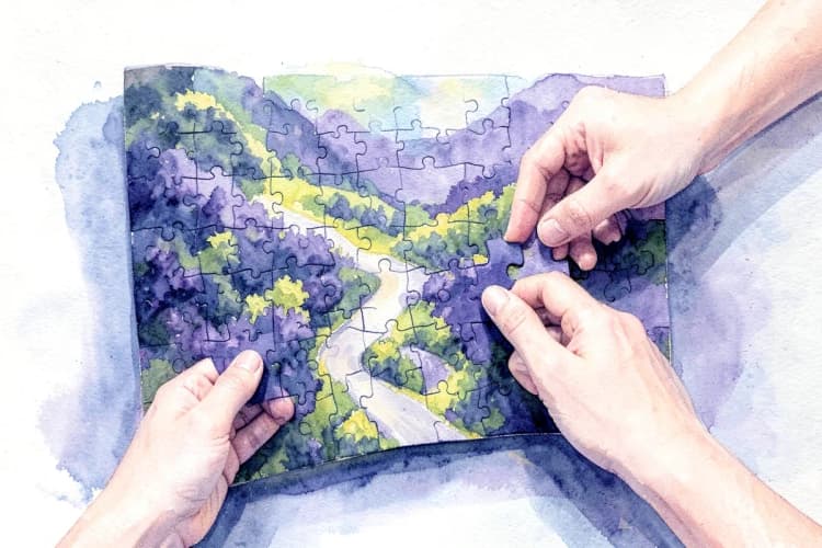 Uma pessoa montando um quebra-cabeça complexo com peças de diferentes cores.