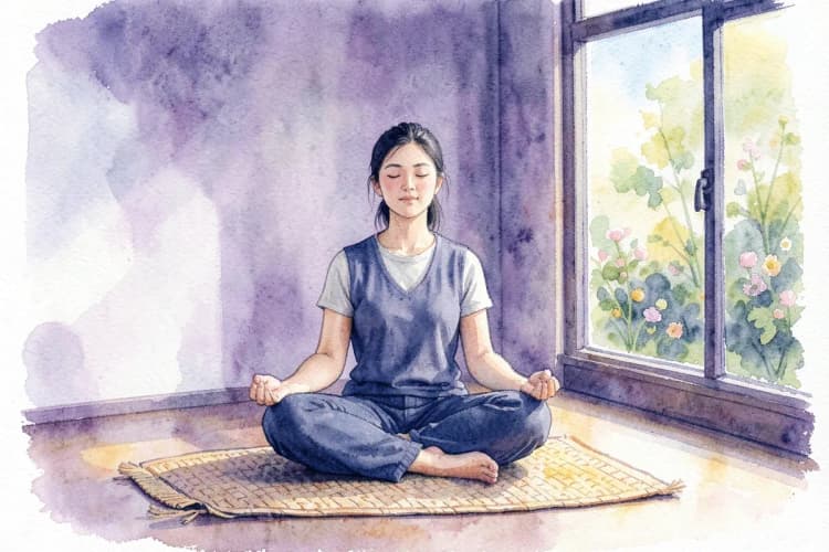 Uma pessoa meditando em posição de lótus em um ambiente tranquilo.