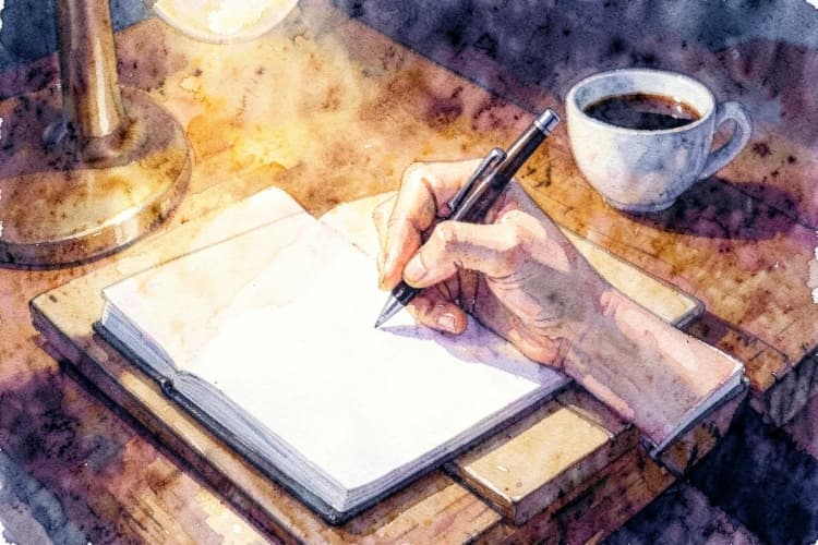Uma pessoa escrevendo em um caderno com uma caneta, planejando os próximos passos.