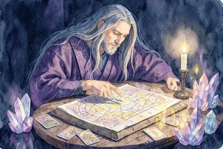Uma astróloga olhando para um mapa astral em uma mesa com cristais e cartas de tarô.